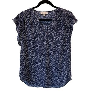 Chaus Blue Flutter Sleeve Navy Floral Blouse